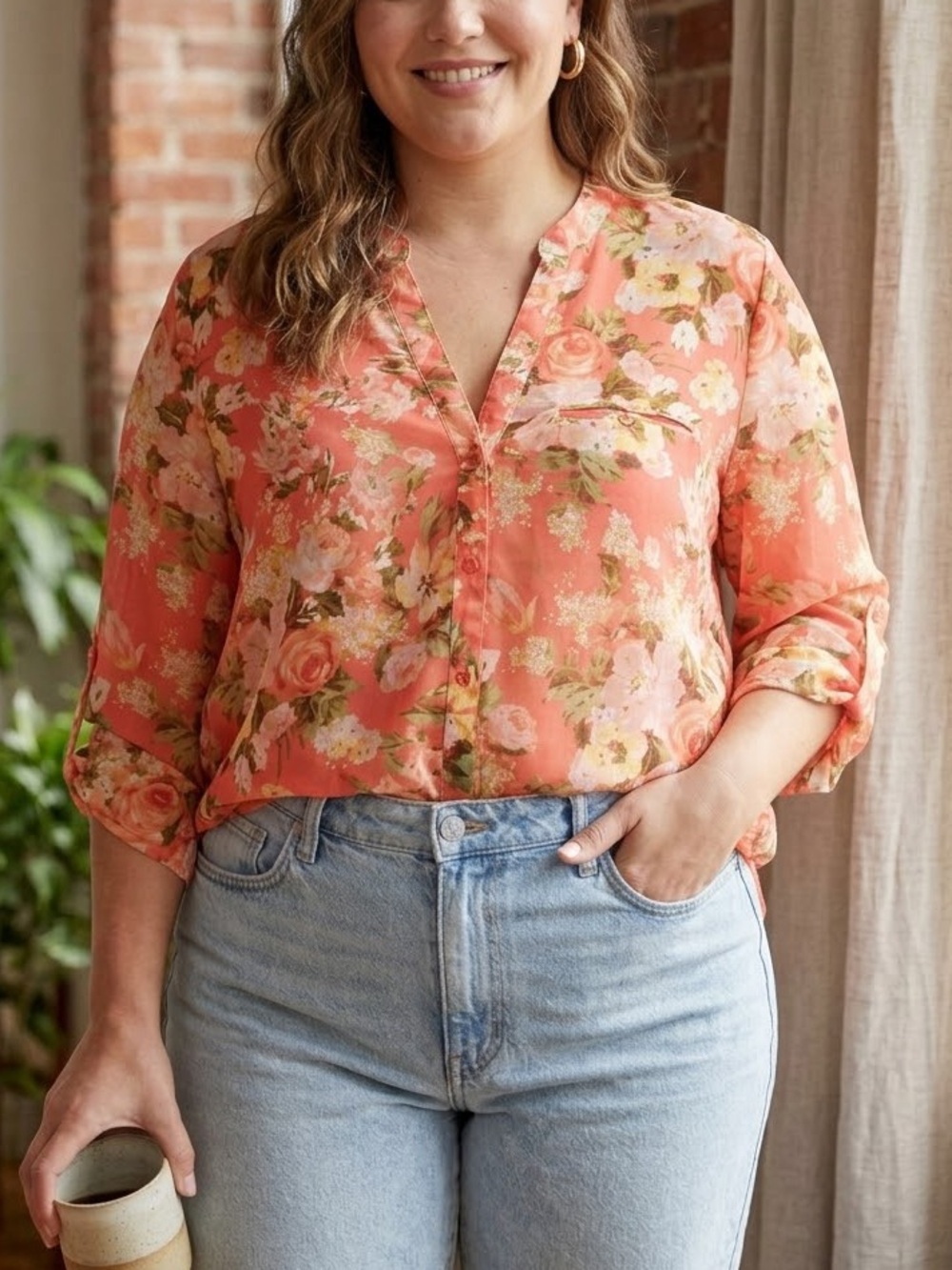 Kut from the Kloth Coral Floral V-Neck Blouse